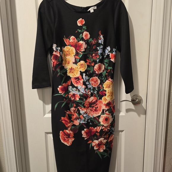 New York & Company Dresses & Skirts - New York & Company Black Midi Dress with Yellow & Coral Floral Print